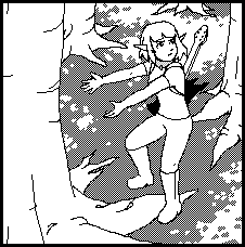 Luma, in a forest, gestures with annoyance at what is or isn't behind a nearby tree, seeming by her disturbed glare to be blaming the sky.