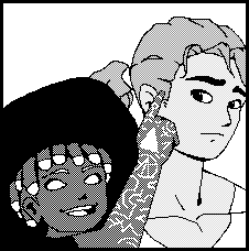 Viccipiter, sporting a disrespectful level of humor, points at something she's found within Fe's head.